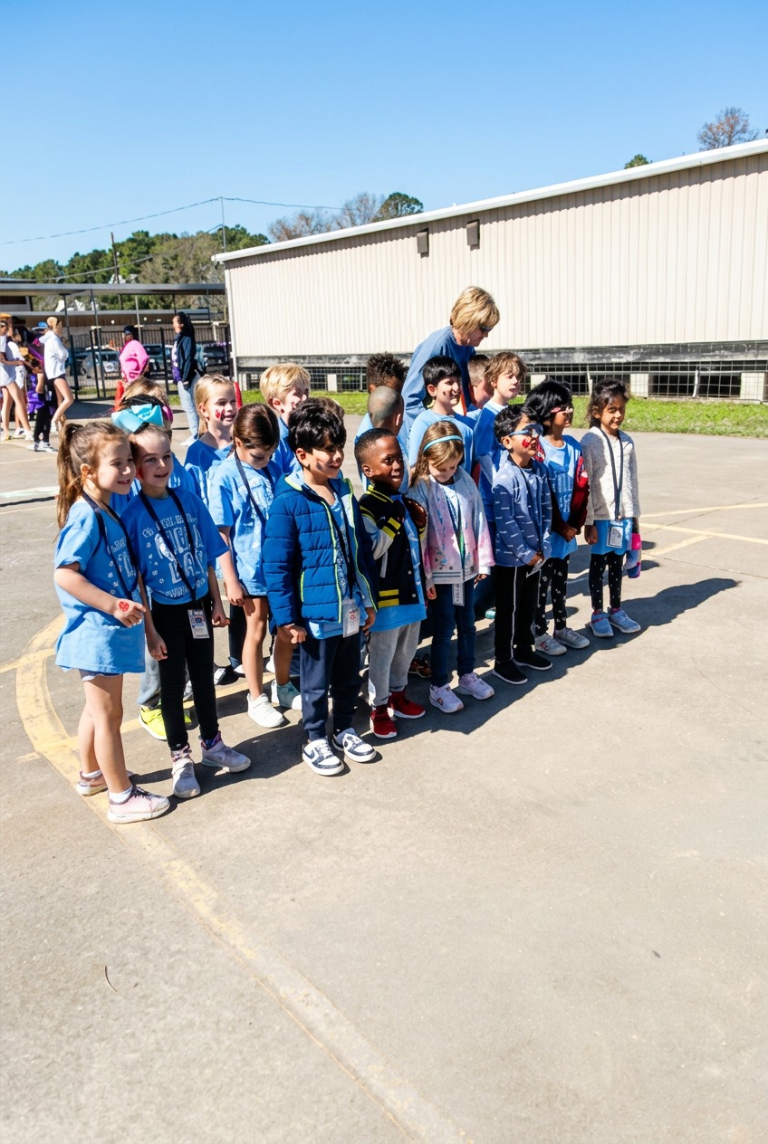 Group of young students lined up together outside on a sunny day